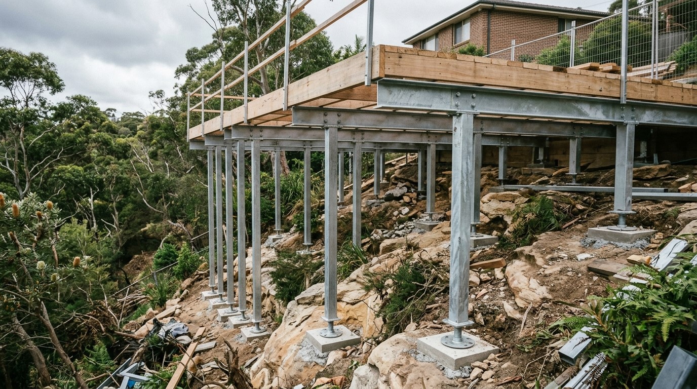 Elevated deck subframe on adjustable steel piers following a sloping Sydney backyard with exposed sandstone