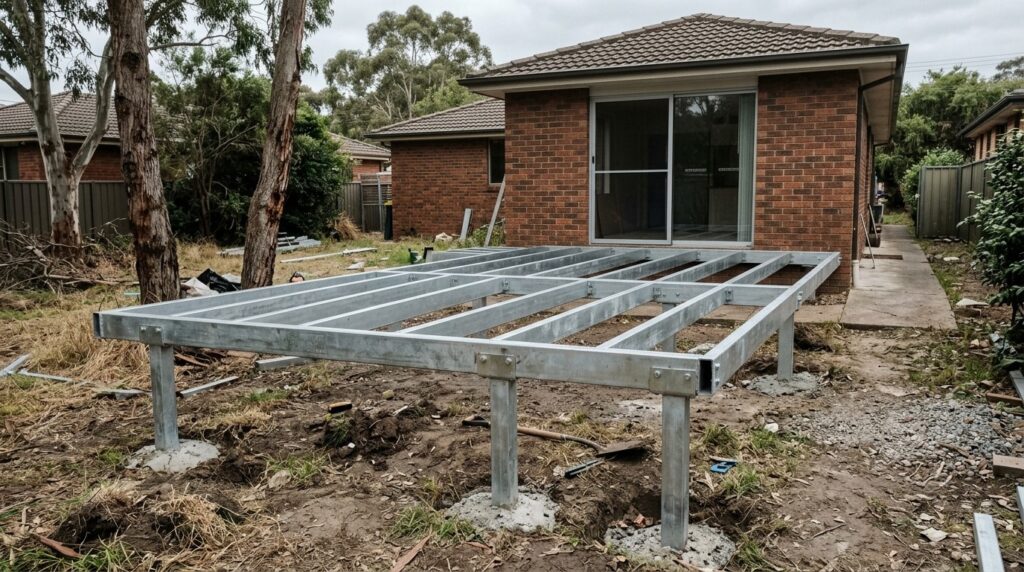 Galvanised steel deck subframe with box-section bearers and posts under construction in a Sydney backyard