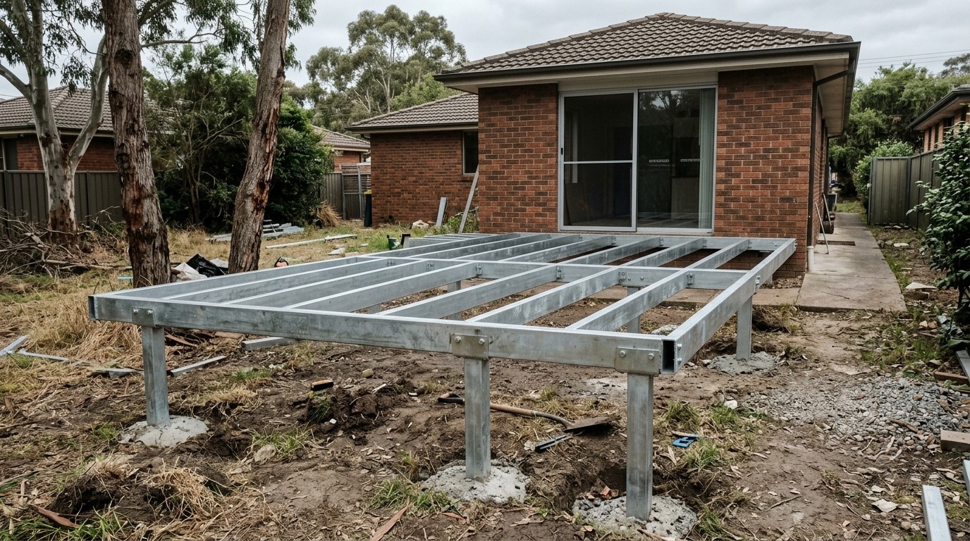 Galvanised steel deck subframe with box-section bearers and posts under construction in a Sydney backyard