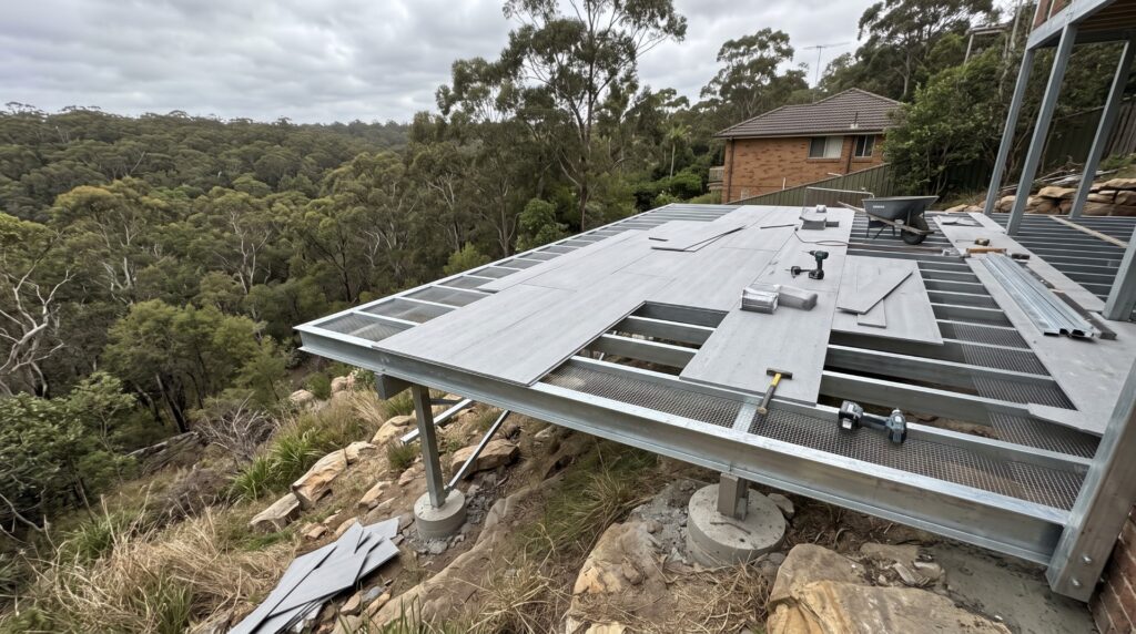 BAL-40 compliant steel deck frame with enclosed, fire-rated subfloor on a Belrose property backing onto bushland.