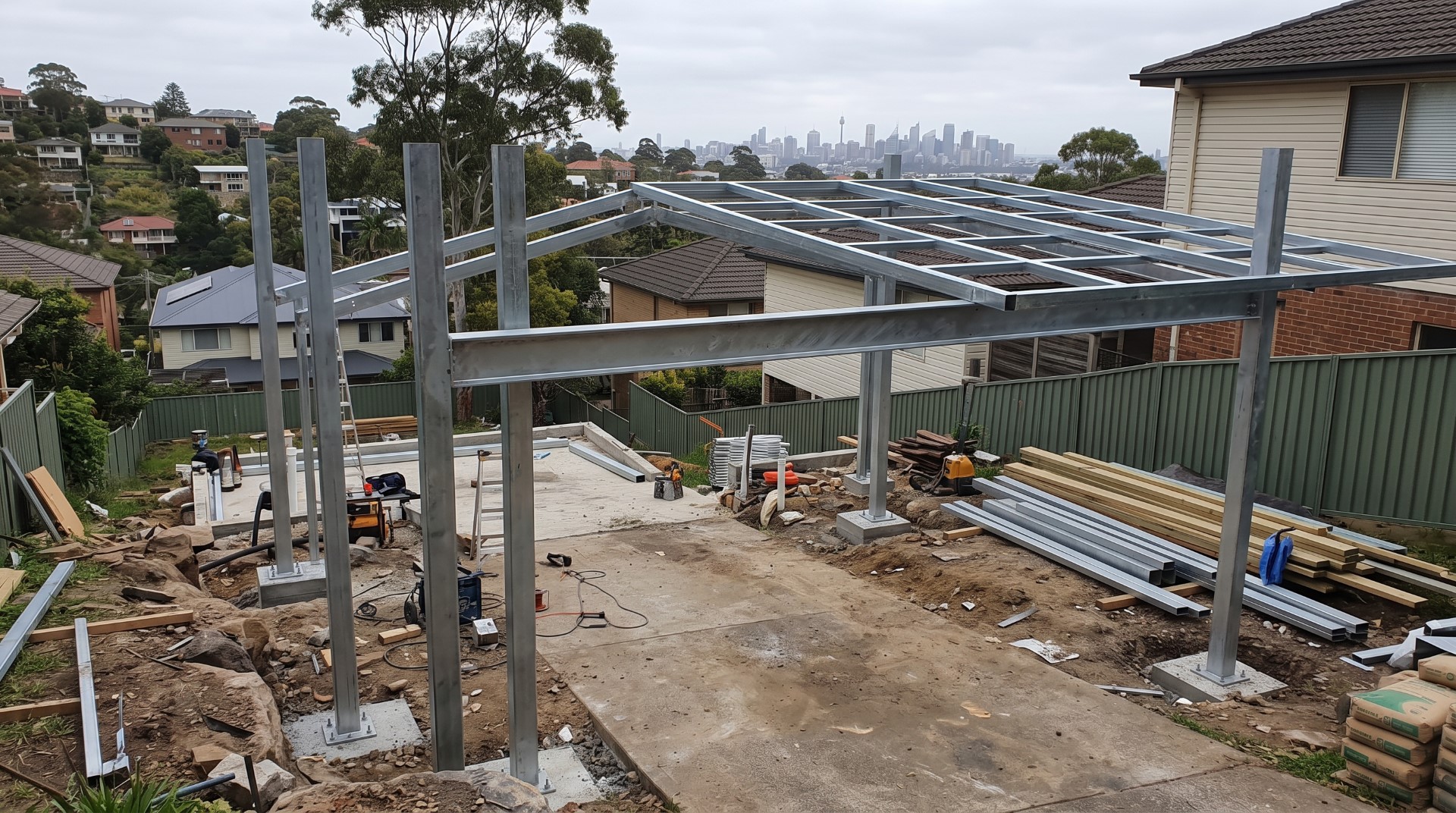 Galvanised steel portal frame carport under construction on a sloping Sydney block, showing RHS posts and welded beam spanning the driveway