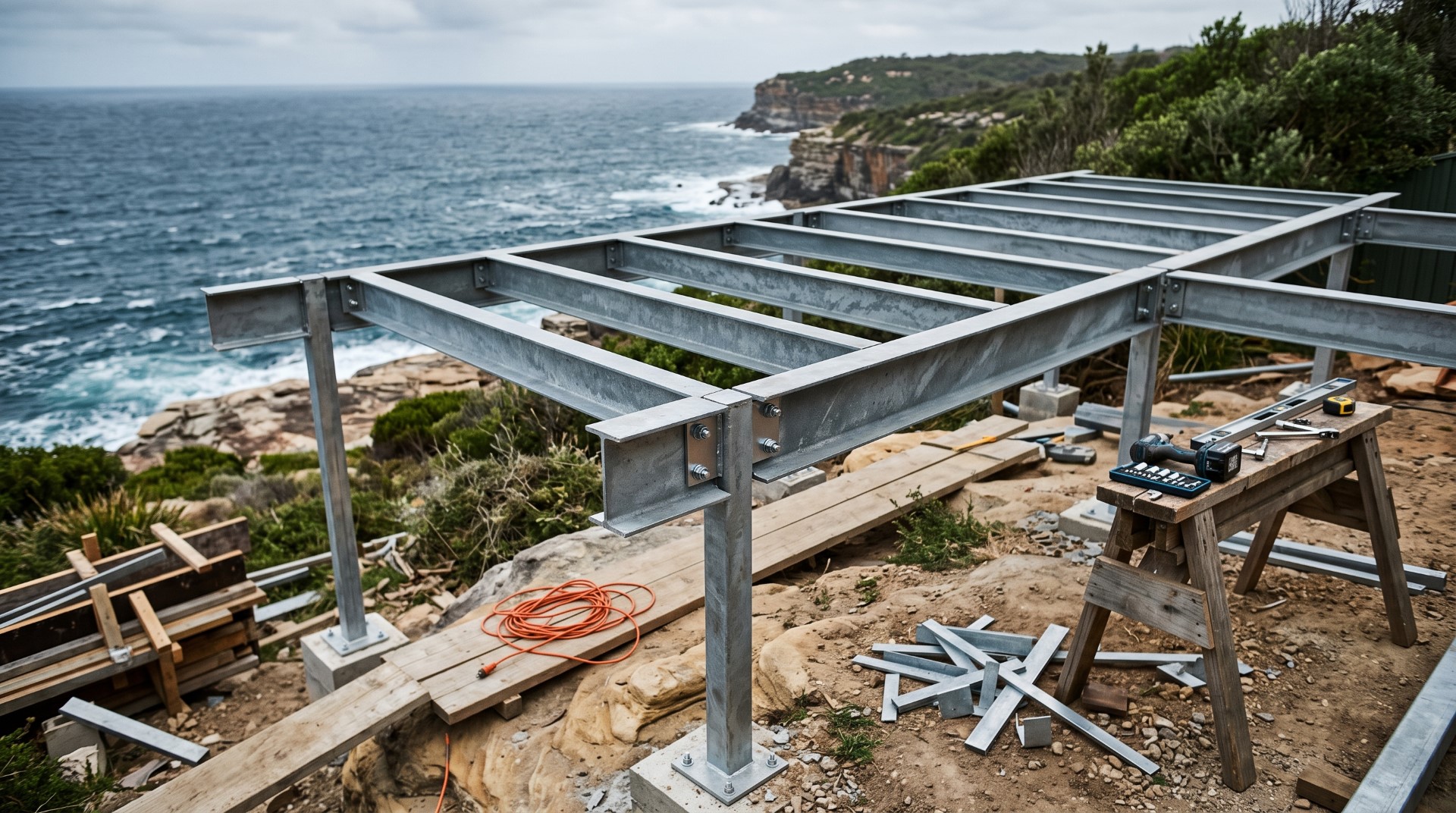 Galvanised steel deck frame under construction on a coastal Sydney property near the ocean, showing marine grade stainless fixings.