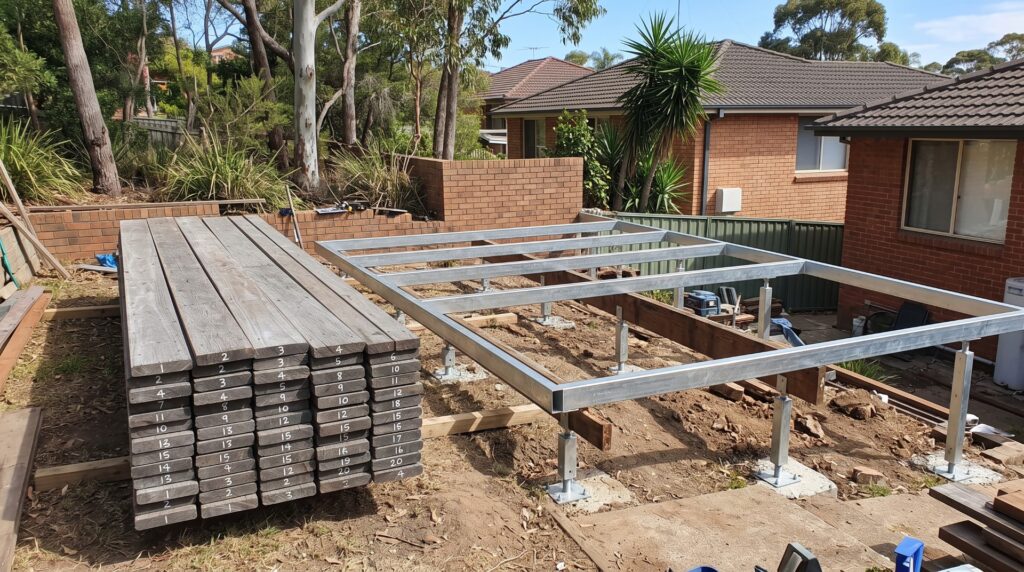 Salvaged hardwood decking boards beside a new steel joist frame during a deck retrofit in St Ives.